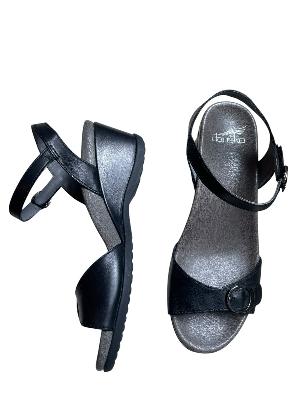 Dansko Leather Wedge Sandals Arielle Black Women's Sz 37 6.5 7 Buckle Comfort